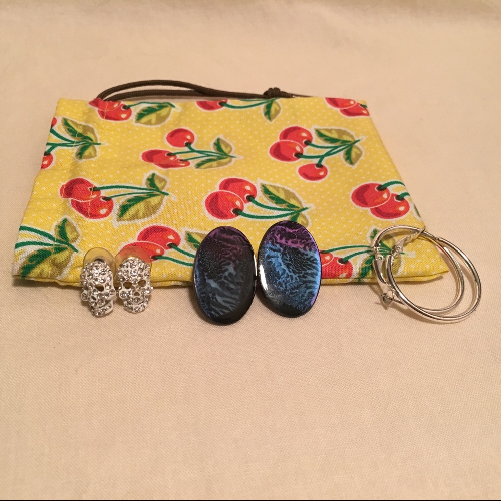 Skull, Metallic, & Hoop Earring Set with Bag